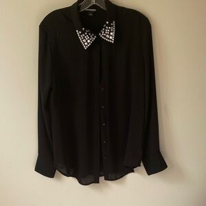 Chic Black Button Down Shirt with Embellished Collar
